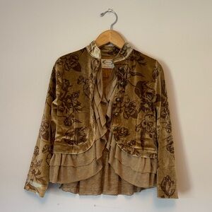Joyfolie Tan Velvet Ruffle Floral Jacket